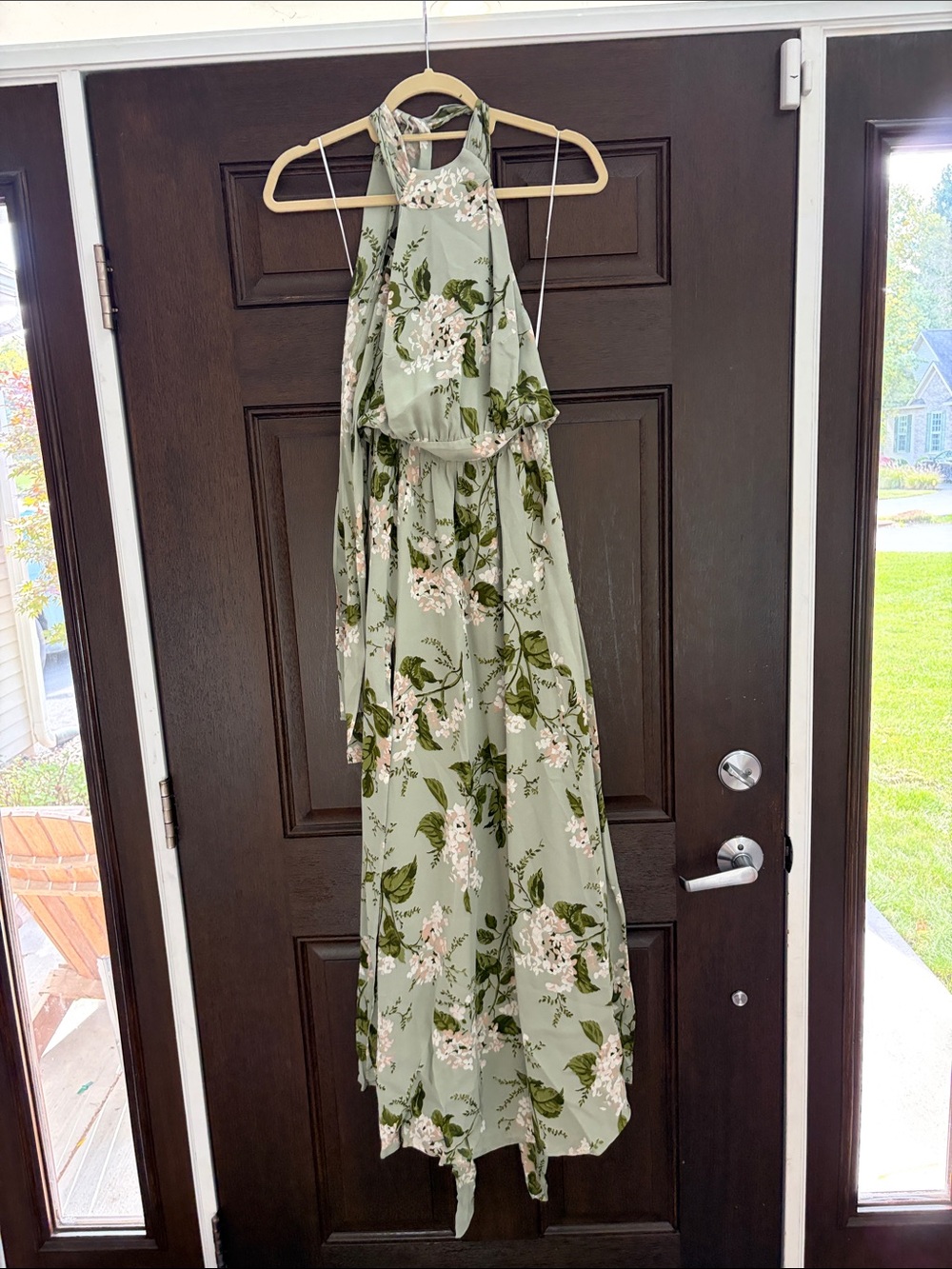 Reformation Sage Green Floral Halter Maxi Dress